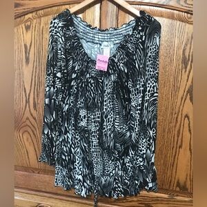 Only 9 Women’s XL Long Sleeve Blouse Black White Drawstring Waist